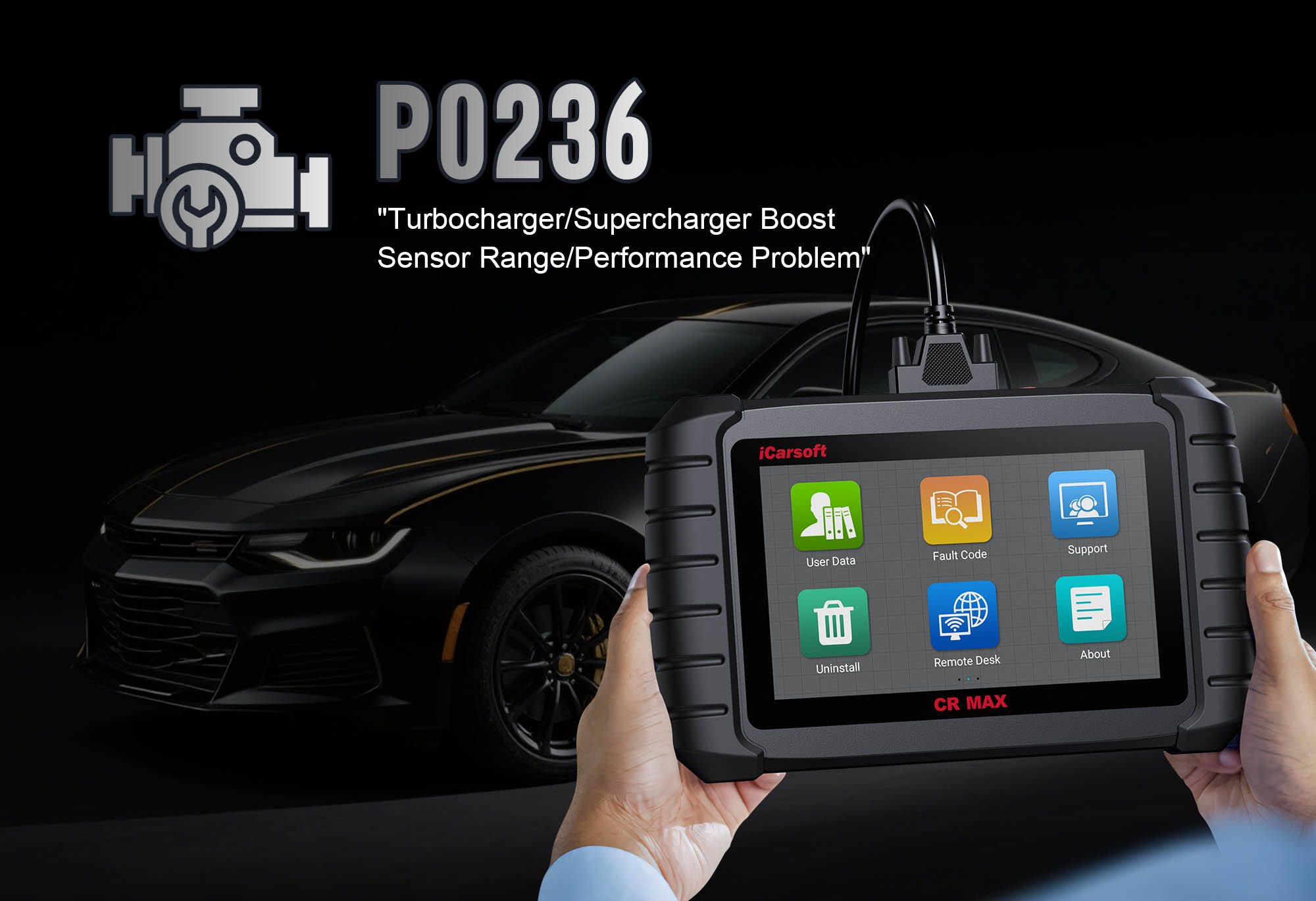iCarsoft CR MAX diagnosing P0236 turbo boost pressure sensor circuit fault in a turbocharged vehicle