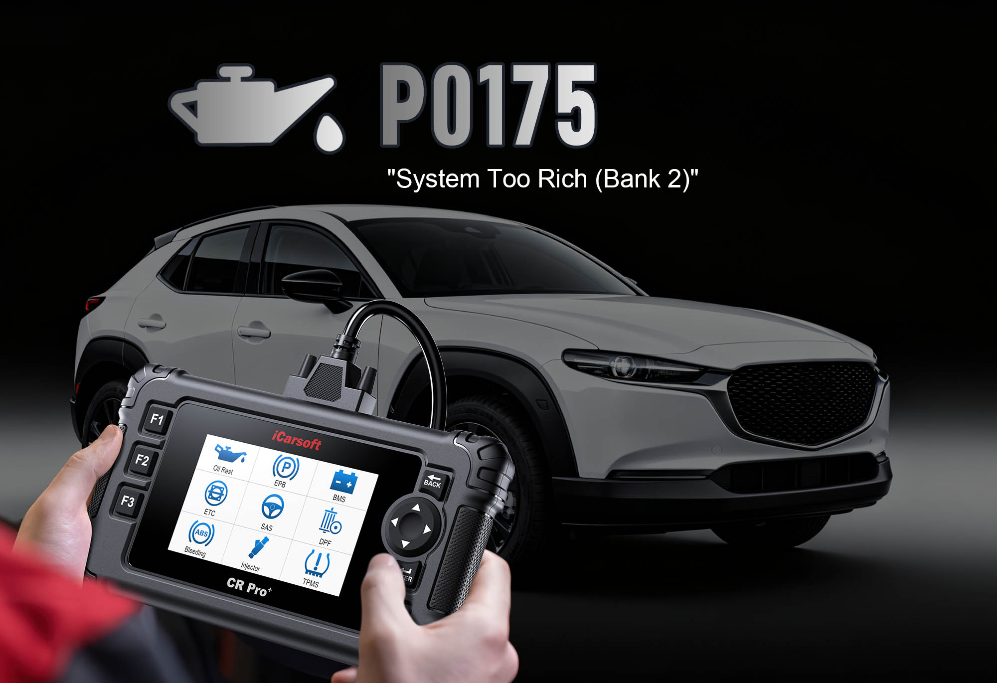 iCarsoft CR Pro+ diagnosing P0175 Fuel System Too Rich (Bank 2)