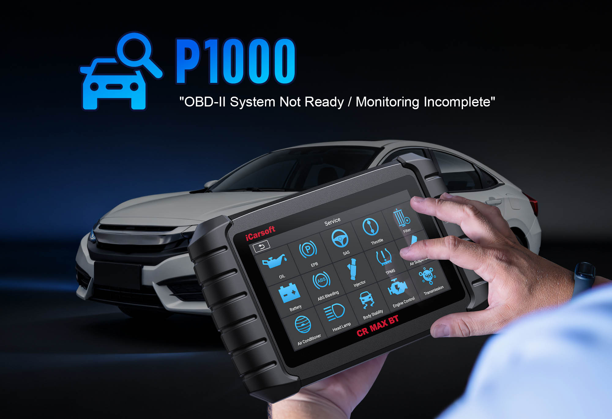 iCarsoft CR MAX BT displaying OBDII readiness monitor status for P1000 diagnosis