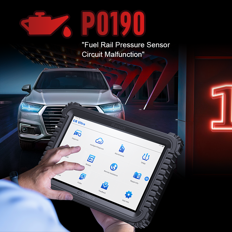 iCarsoft CR Ultra OBD2 scanner diagnosing P0190 fuel pressure sensor issue