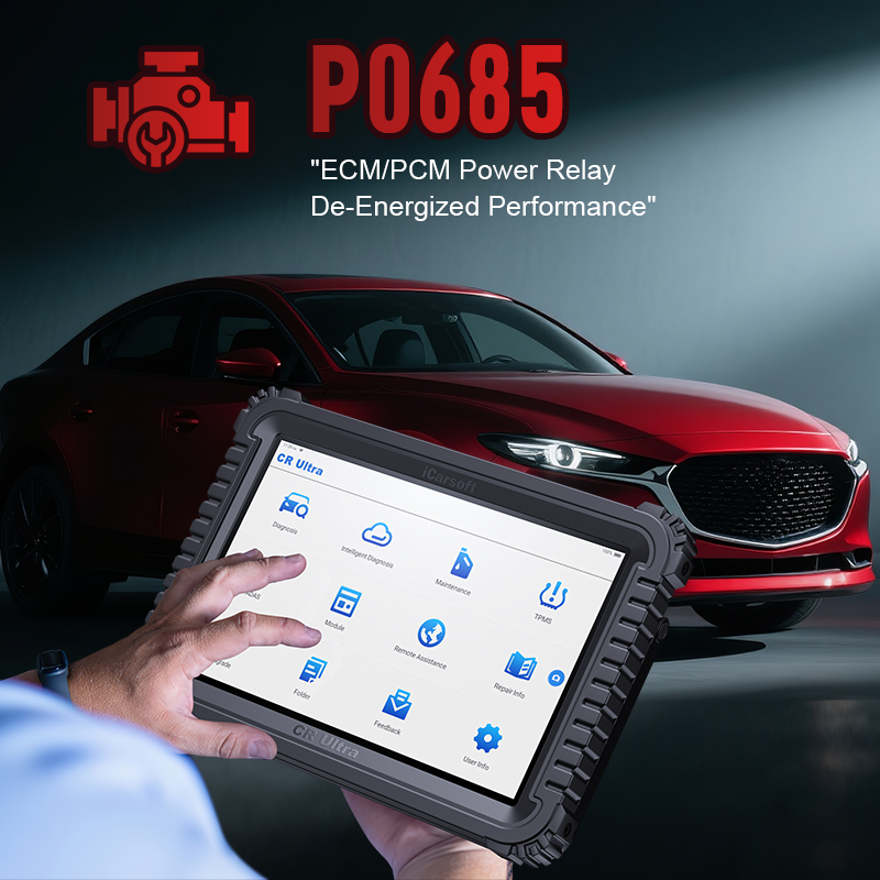 iCarsoft CR Ultra connected to vehicle diagnosing P0685 error