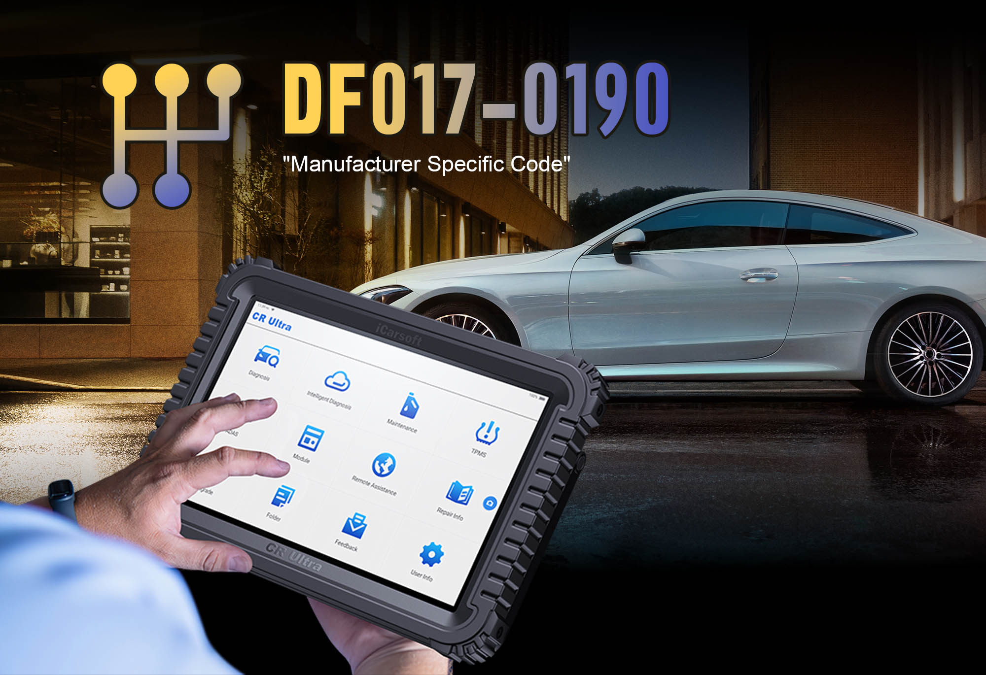 iCarsoft CR Ultra connected to Jaguar/Land Rover diagnosing DF017-0190 error