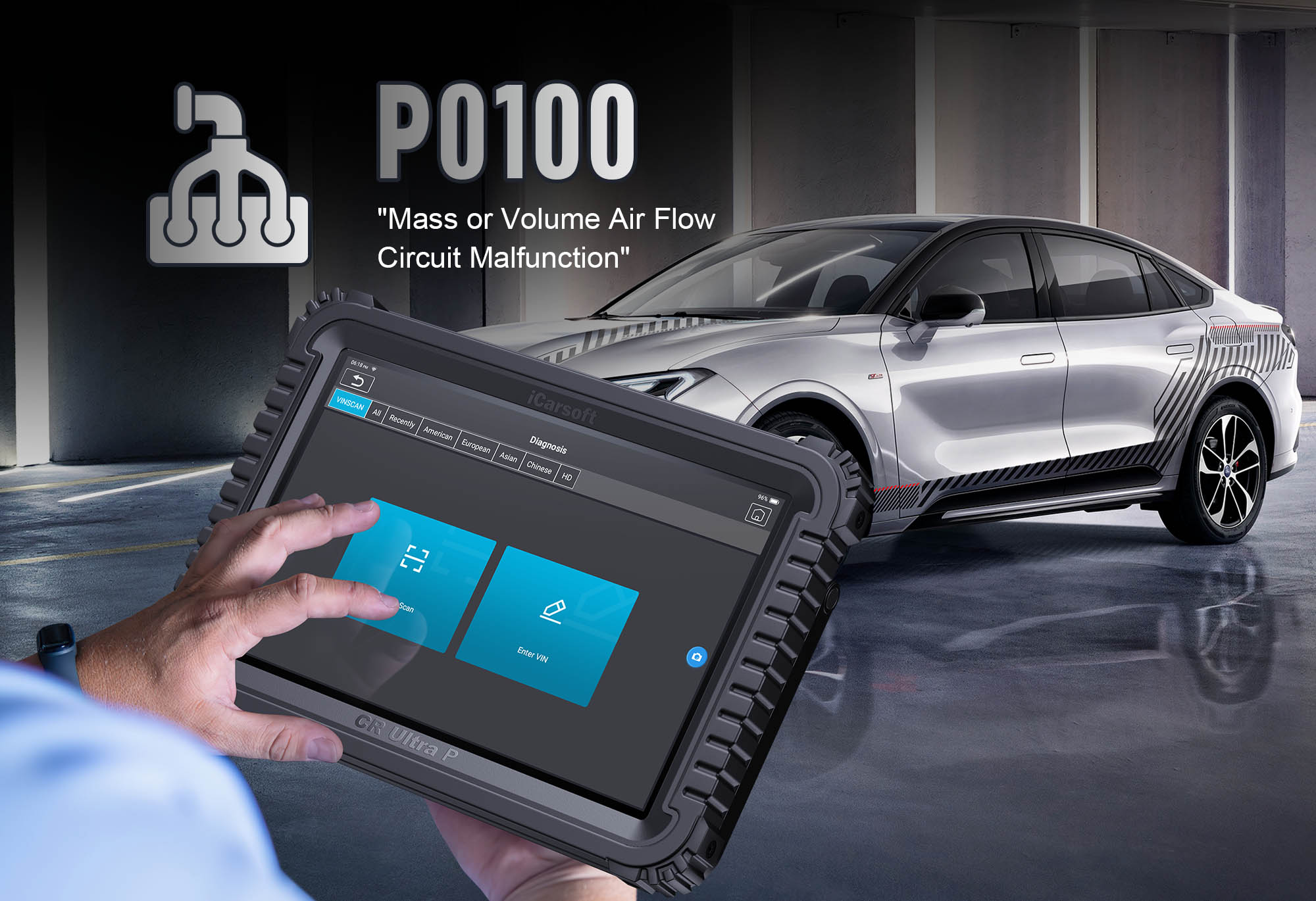iCarsoft CR Ultra P diagnosing P0100 Mass Air Flow circuit malfunction