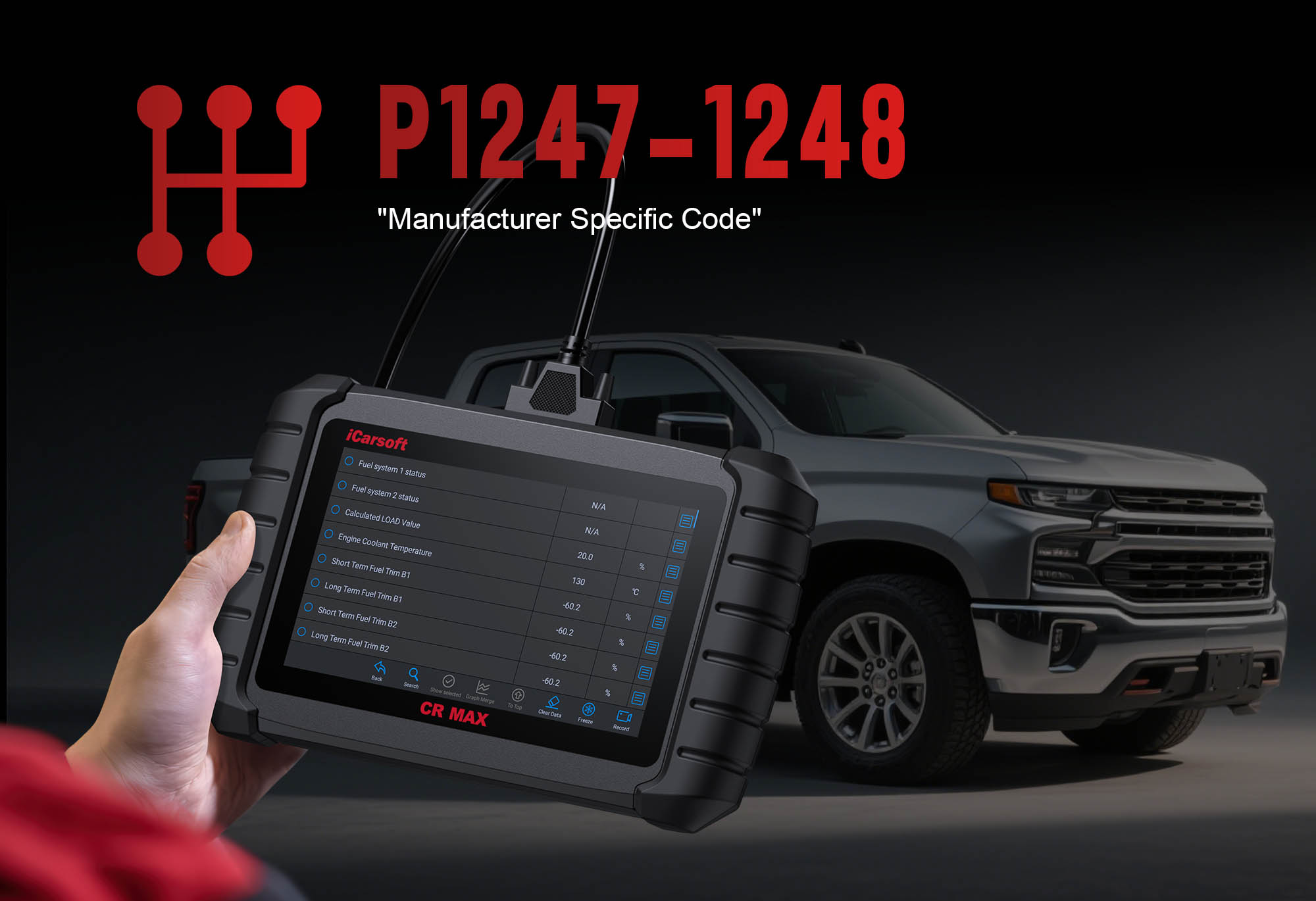 iCarsoft CR MAX diagnosing P1247-P1248 turbo boost control solenoid issues in a Ford vehicle
