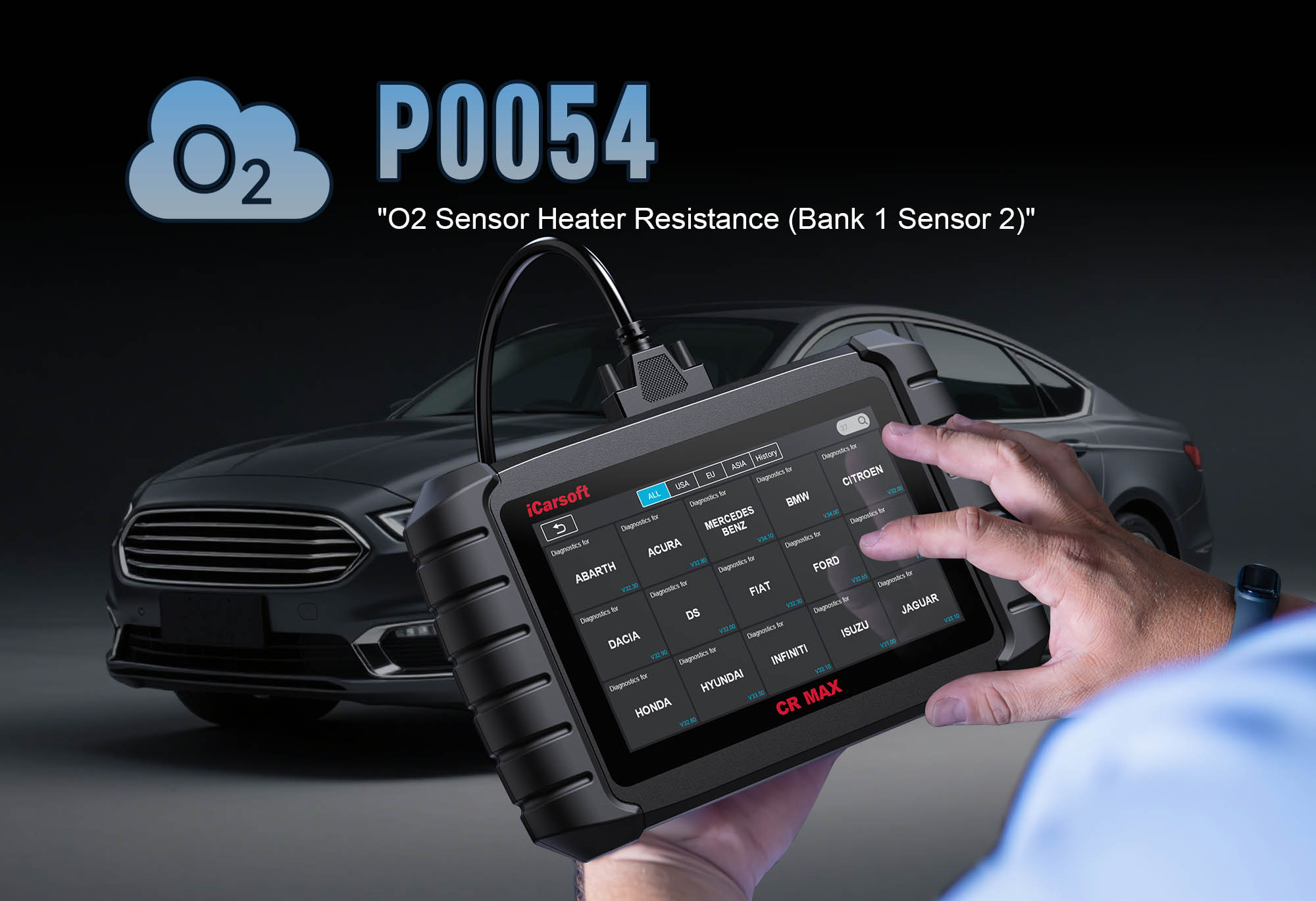 iCarsoft CR MAX diagnosing P0054 oxygen sensor heater circuit low in a vehicle