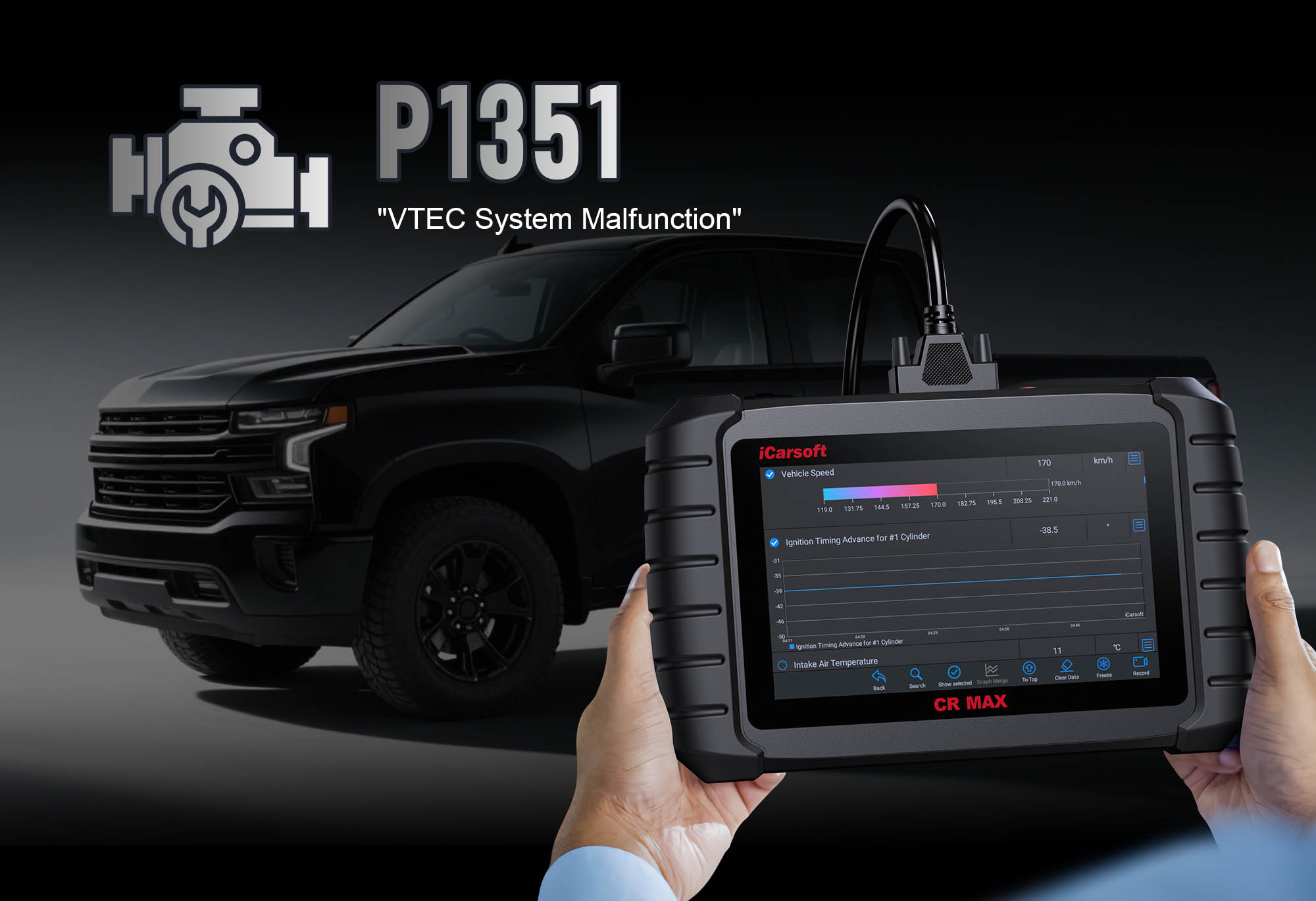 iCarsoft CR MAX diagnosing P1351 ignition coil control circuit issue in a GM/Ford/Chrysler vehicle