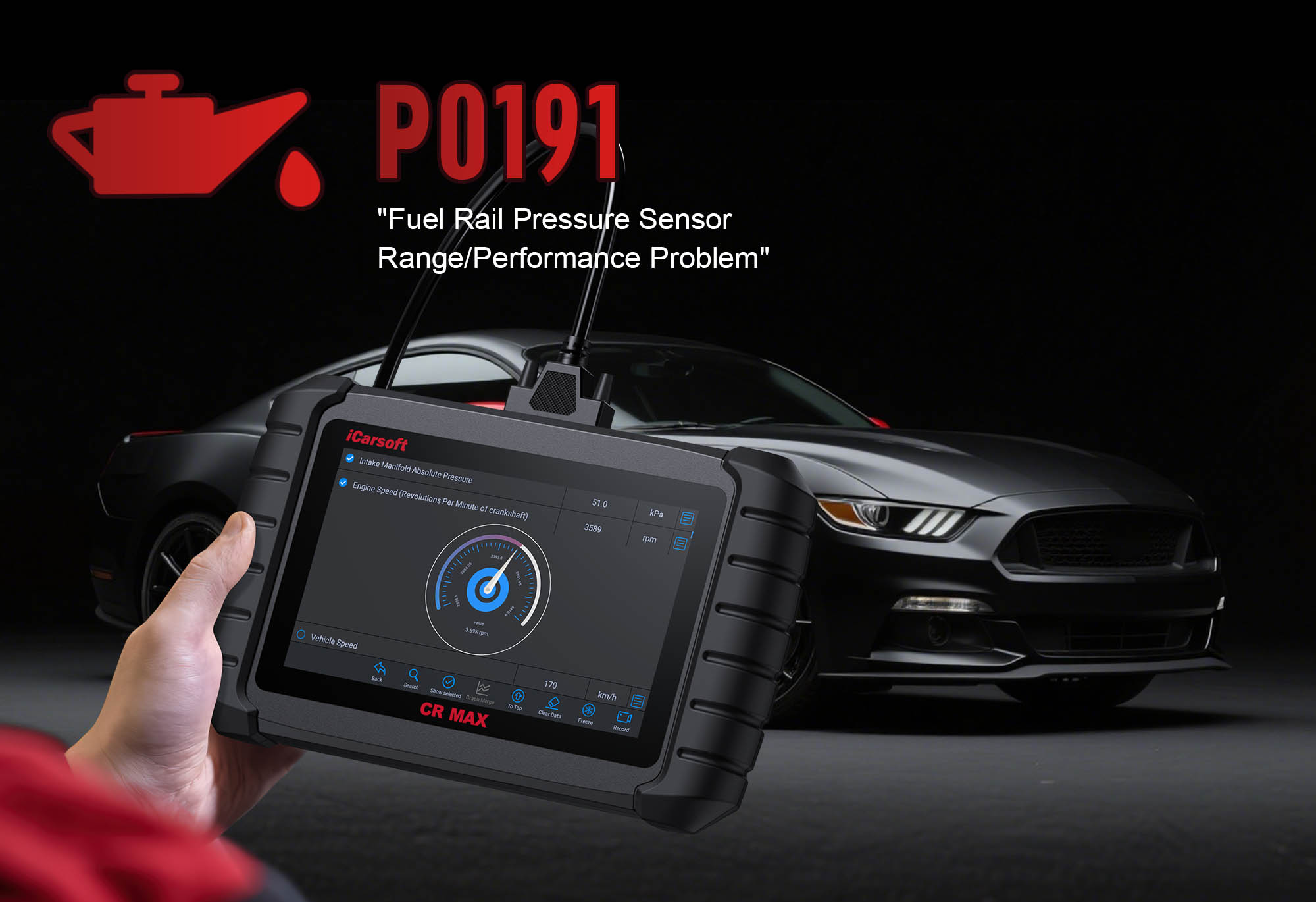 iCarsoft CR MAX diagnosing P0191 fuel pressure sensor issue in a vehicle