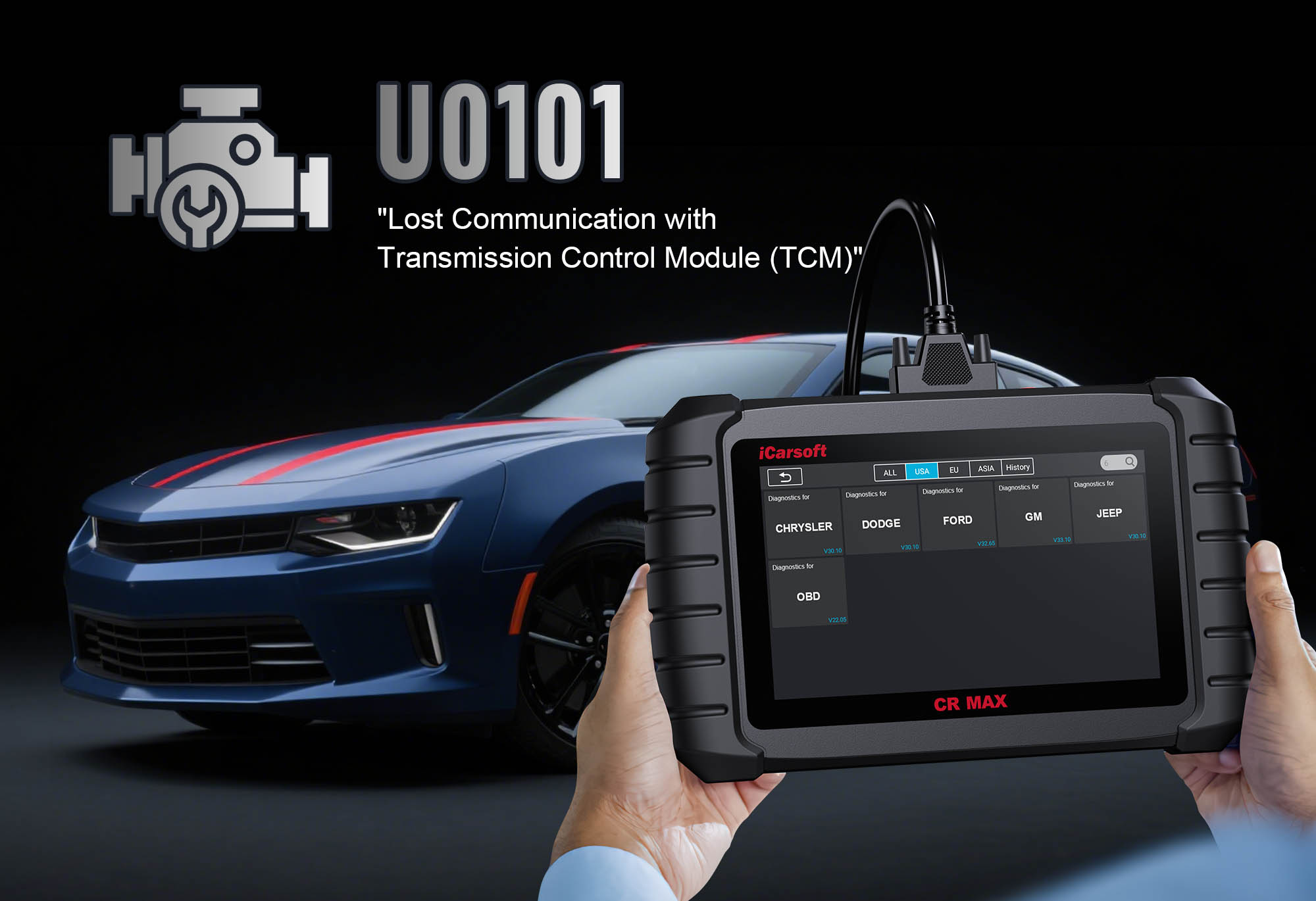 iCarsoft CR MAX diagnosing U0101 ECM-TCM communication failure in a vehicle