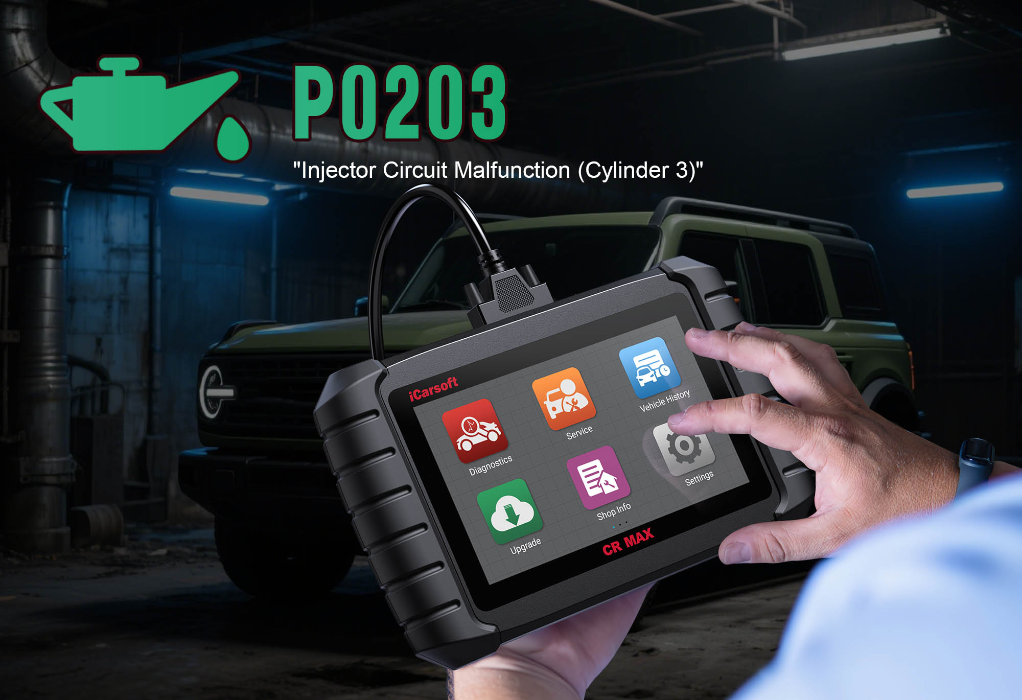 iCarsoft CR MAX diagnosing P0203 Cylinder 3 injector circuit issue in a vehicle