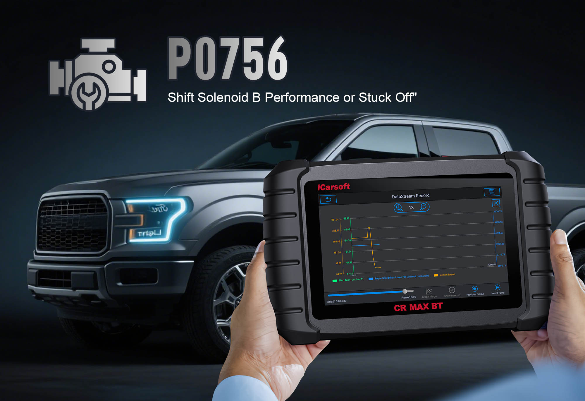 iCarsoft CR MAX BT wirelessly diagnosing P0756 Shift Solenoid B issue in a vehicle