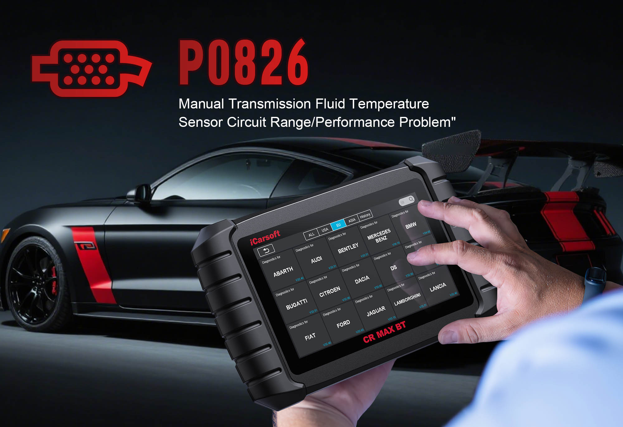 iCarsoft CR MAX BT wirelessly diagnosing P0826 Transmission Range Sensor A issue