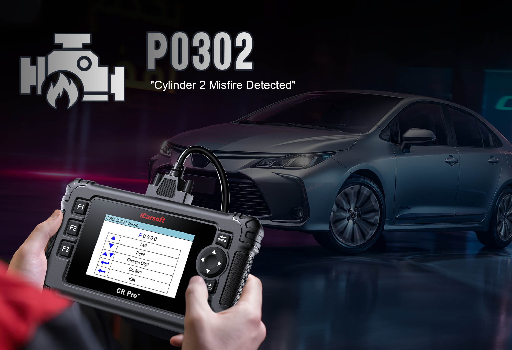 iCarsoft CR Pro+ diagnosing P0302 Cylinder 2 Misfire in a vehicle