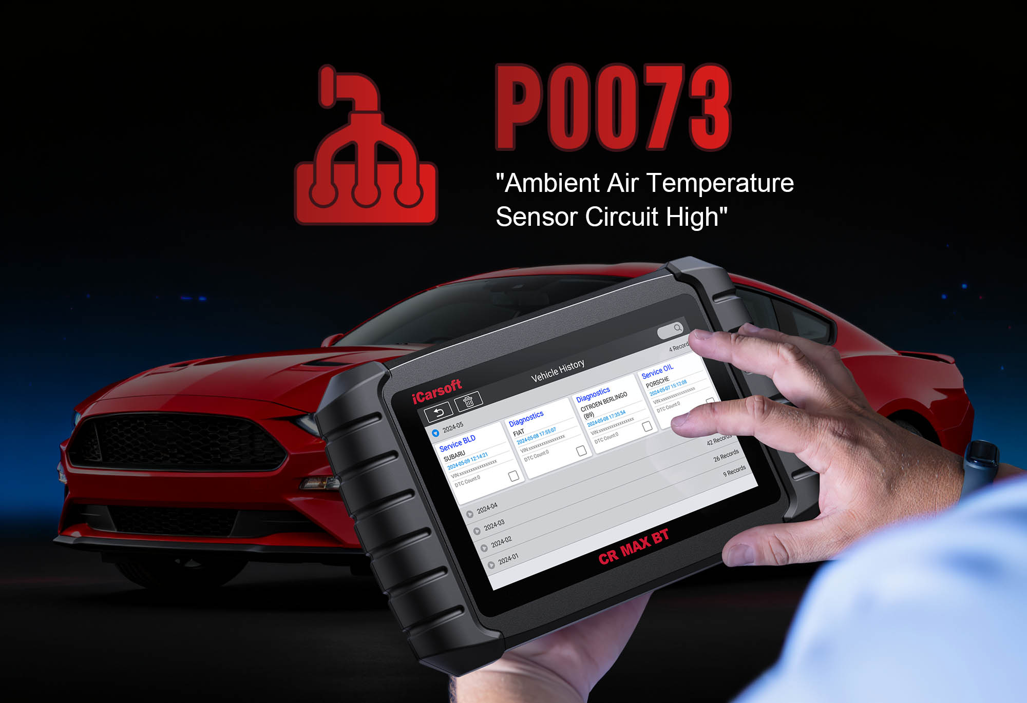iCarsoft CR MAX BT diagnosing P0073 Ambient Air Temperature Sensor Circuit High Input