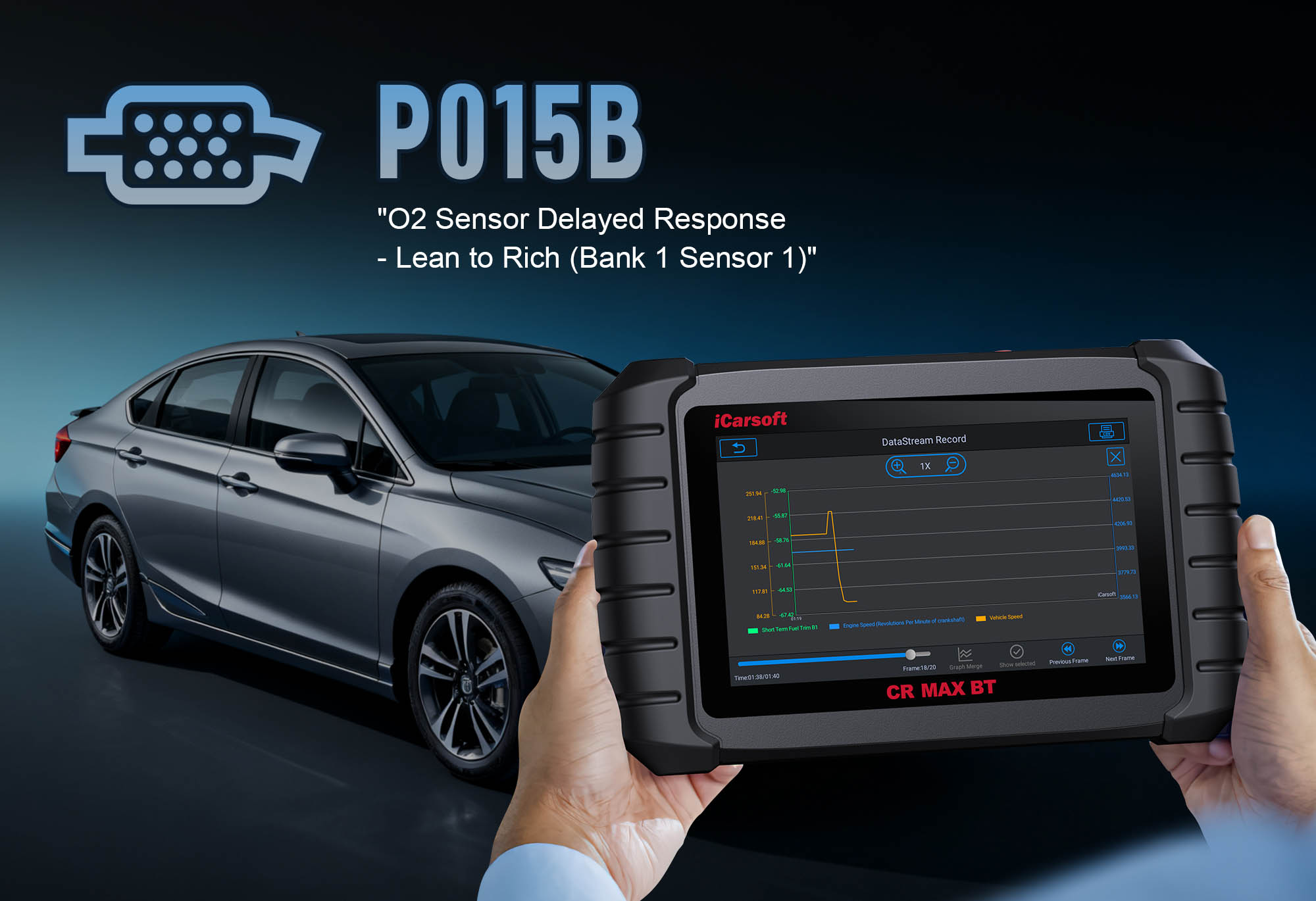 iCarsoft CR MAX BT diagnosing P015B O2 Sensor Slow Response (Bank 2, Sensor 1)