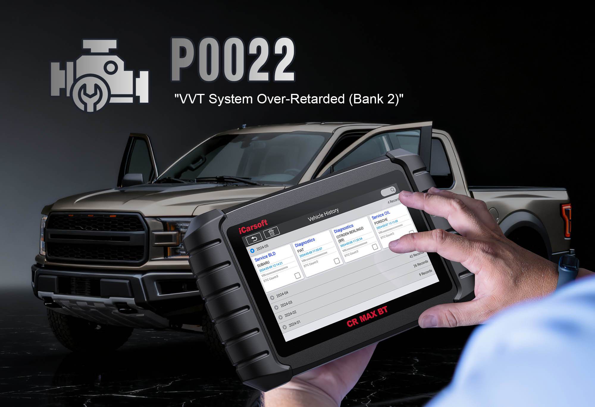 iCarsoft CR MAX BT diagnosing P0022 Camshaft Timing Fault