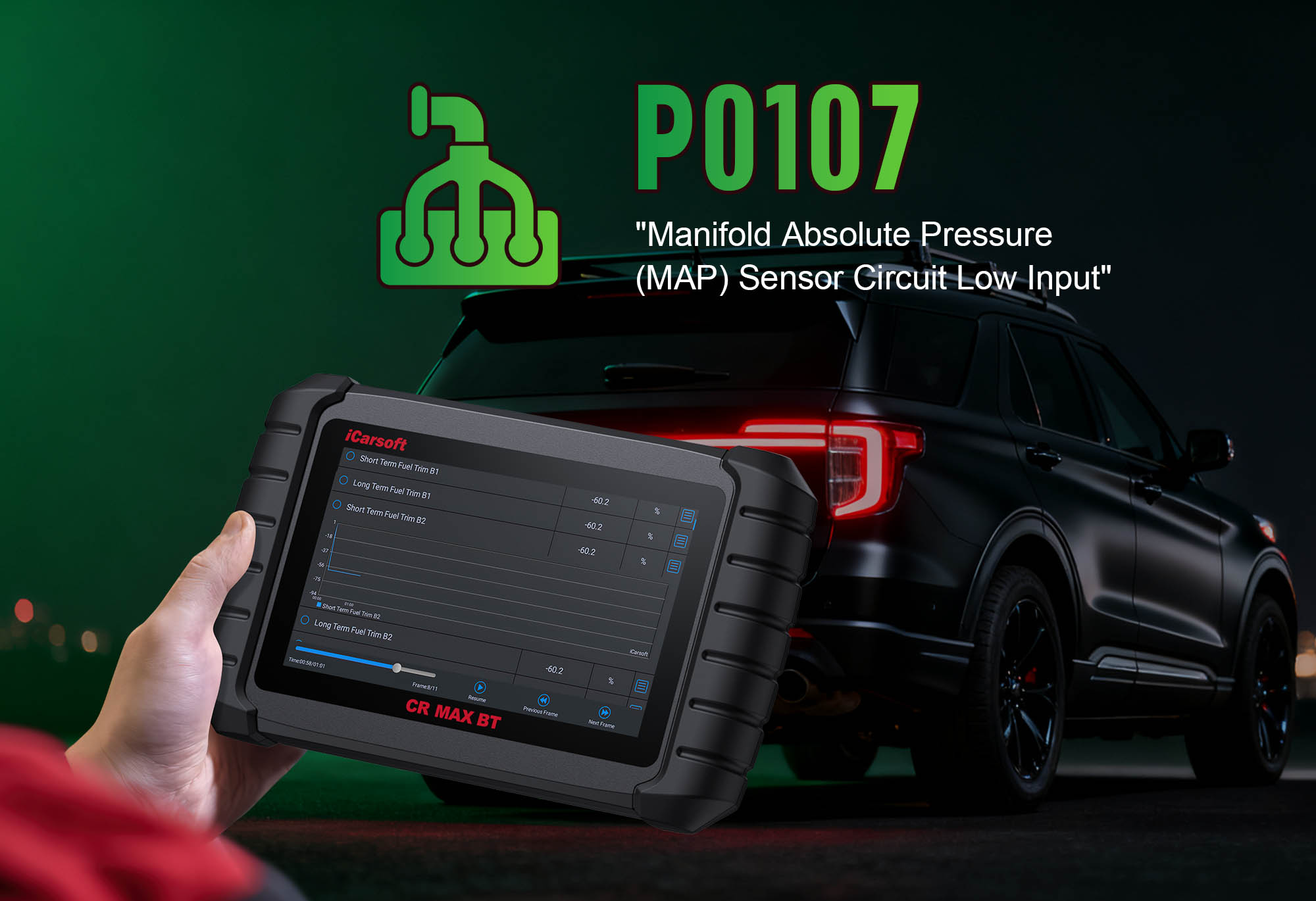 iCarsoft CR MAX BT diagnosing P0107 MAP Sensor Fault