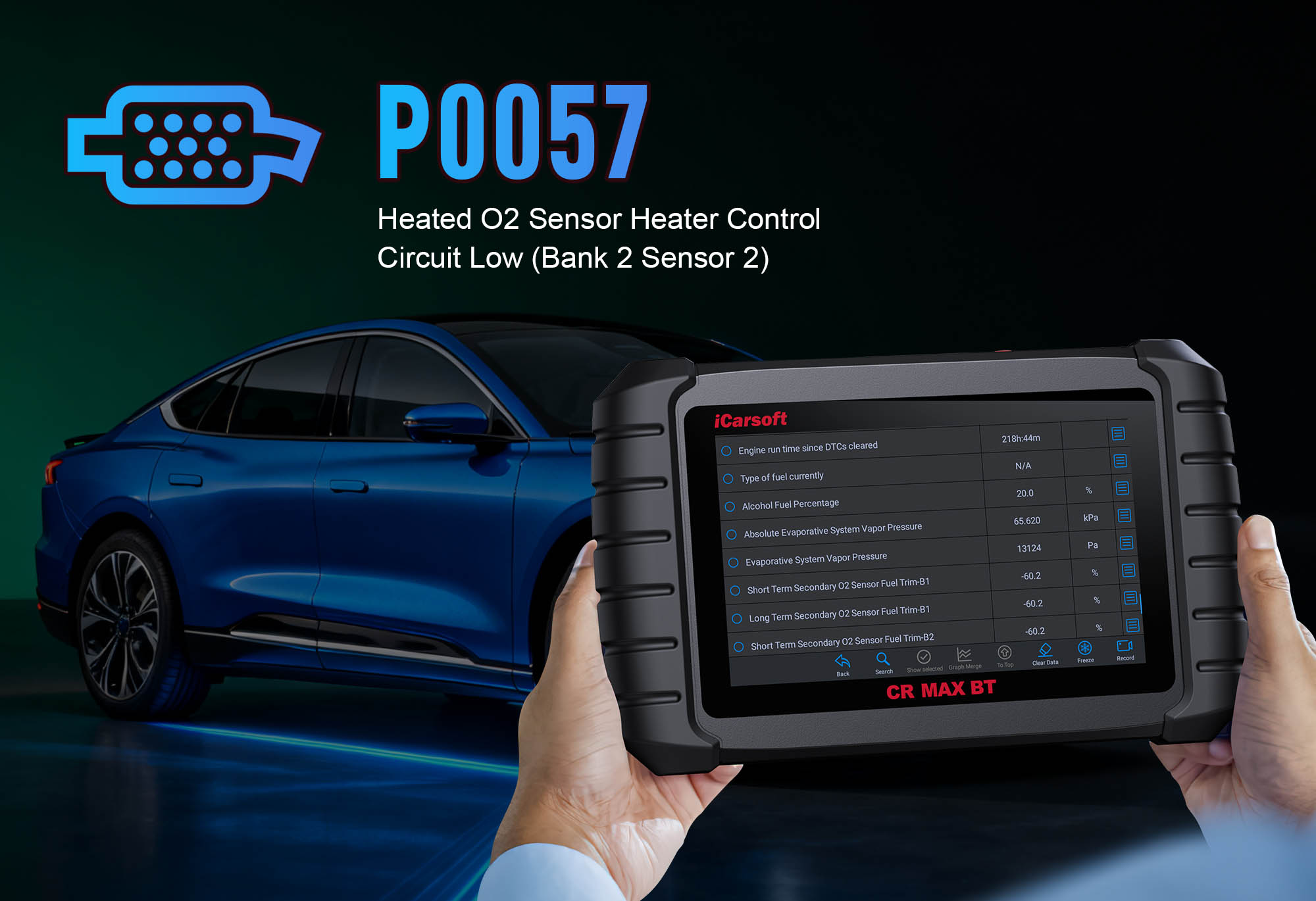 Downstream O2 Sensor (Bank 2, Sensor 2) showing P0057 heater control circuit low voltage