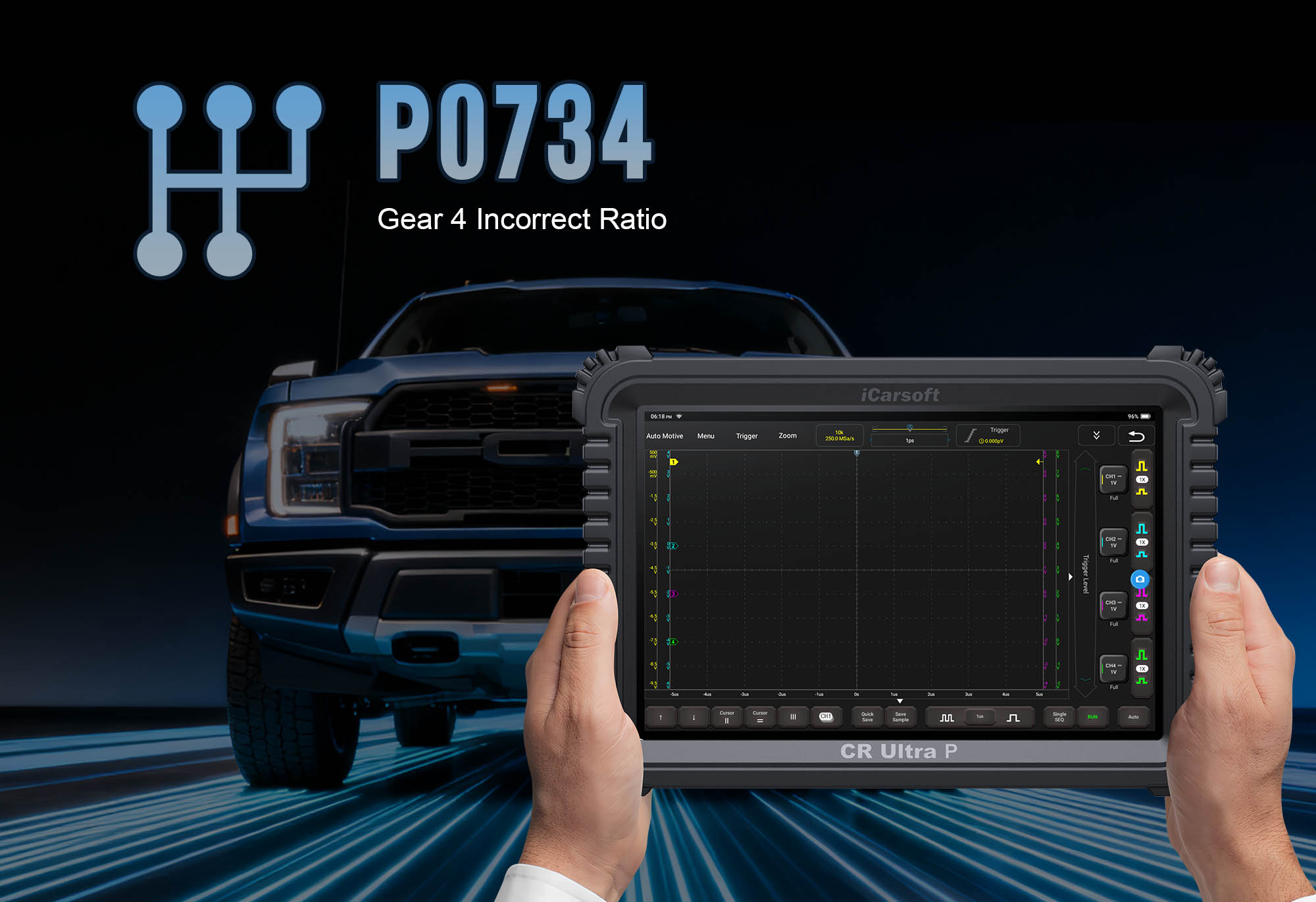 Transmission Gear 4 showing P0734 Incorrect Ratio malfunction with iCarsoft CR Ultra P diagnostic