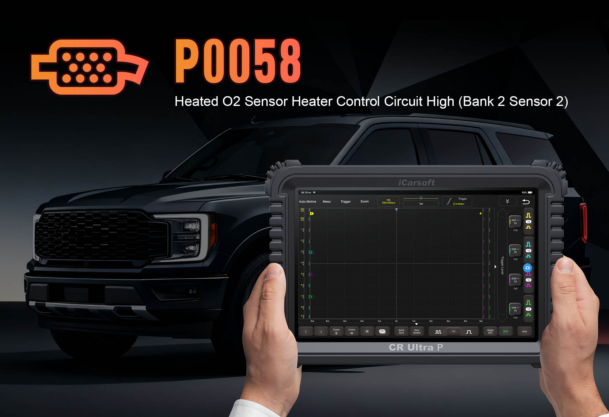 HO2S (Bank 2, Sensor 2) showing P0058 Heater Control Circuit High with iCarsoft CR Pro S diagnostic