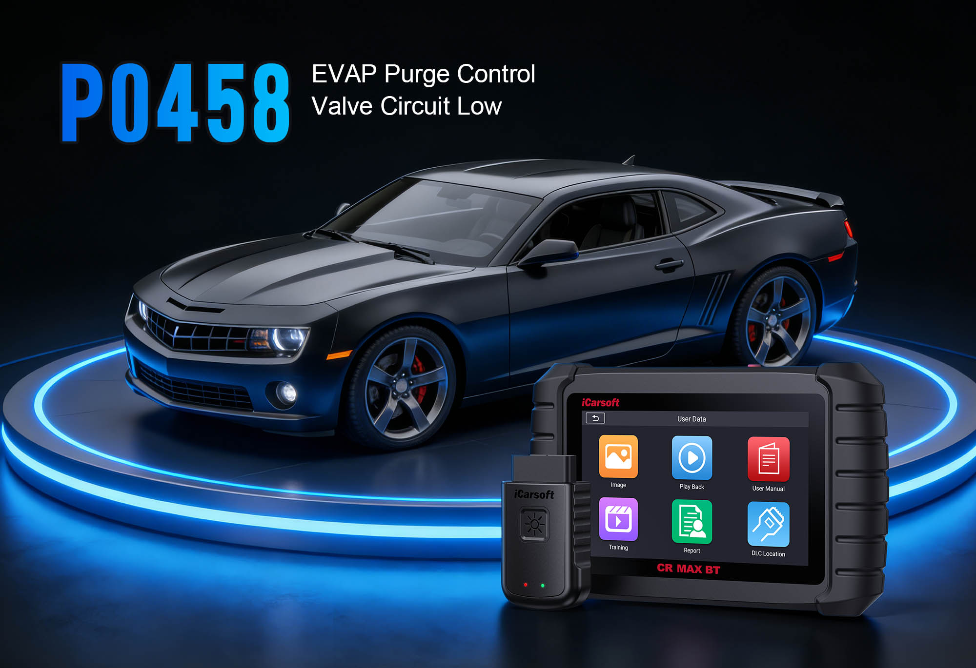 EVAP Purge Valve showing P0458 Control Circuit High Voltage with iCarsoft CR MAX BT diagnostic