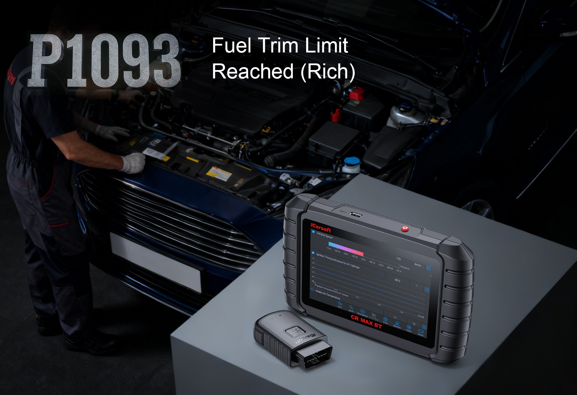 iCarsoft CR MAX BT Diagnosing P1093 Fuel Rail Pressure Sensor Circuit High Input on Diesel Vehicle