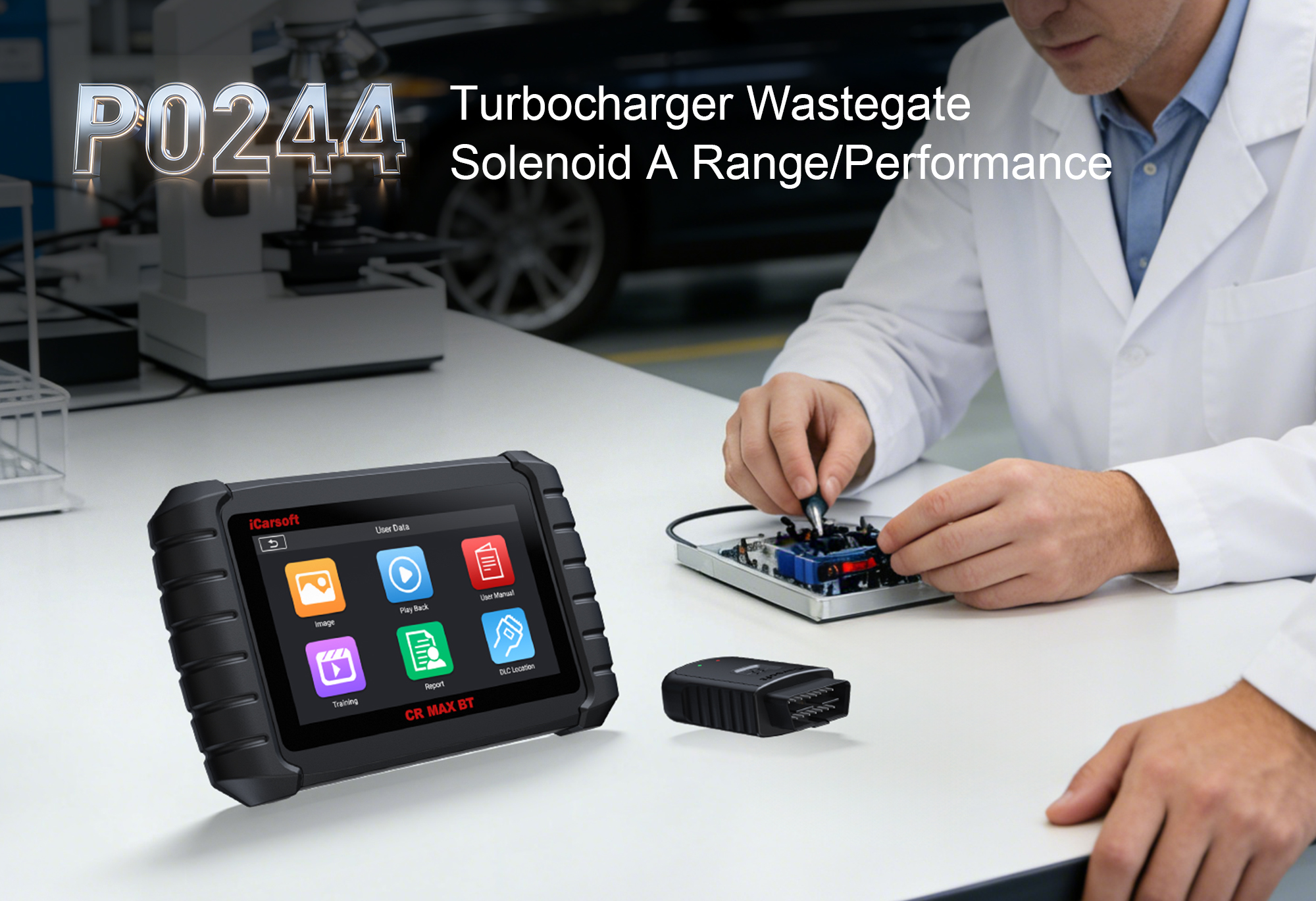 iCarsoft CR MAX BT Diagnosing P0244 Turbocharger Wastegate Solenoid Issue on Vehicle