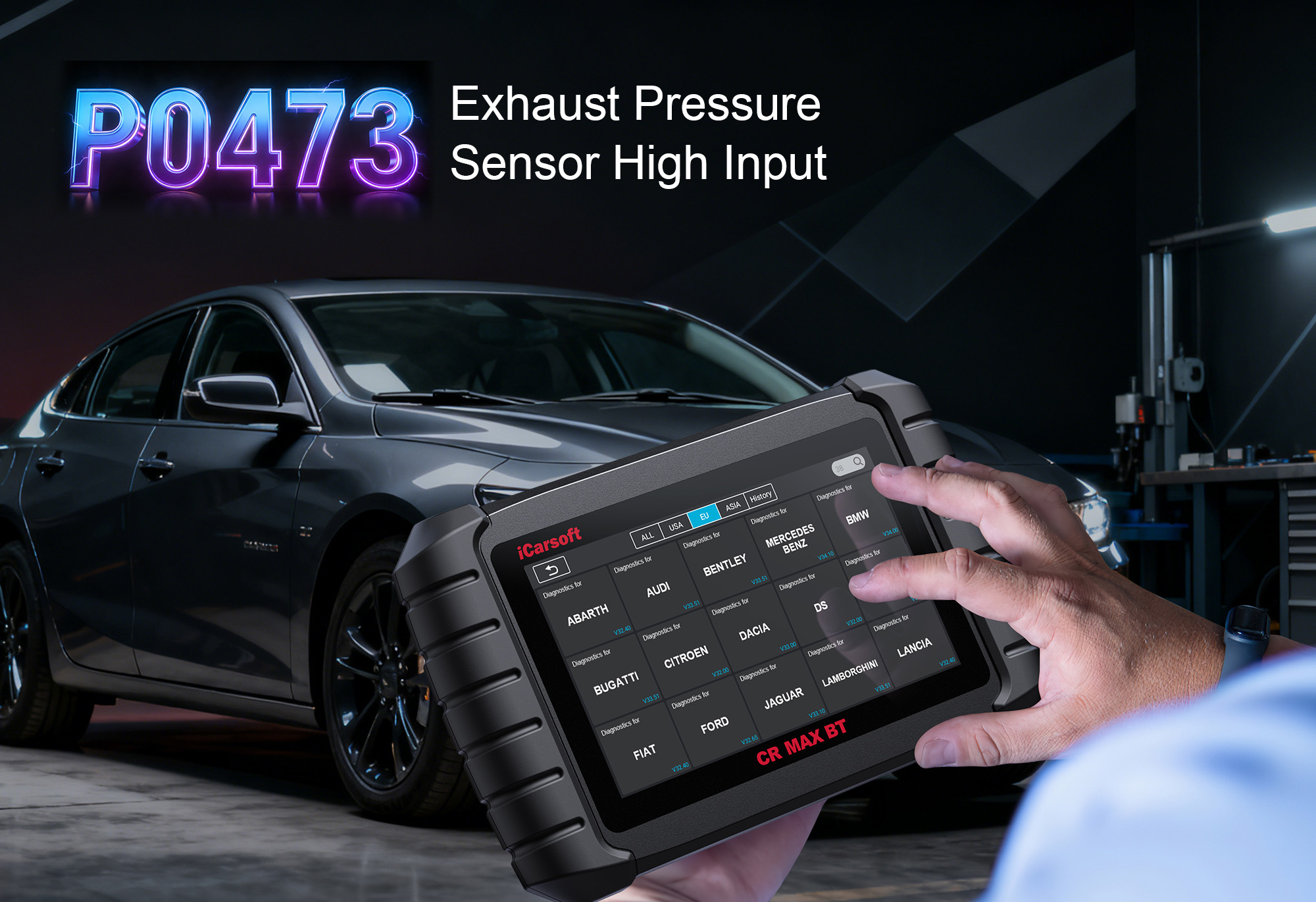 iCarsoft CR MAX BT Diagnosing P0473 Exhaust Pressure Sensor Circuit High Input on Diesel/Turbo Vehicle