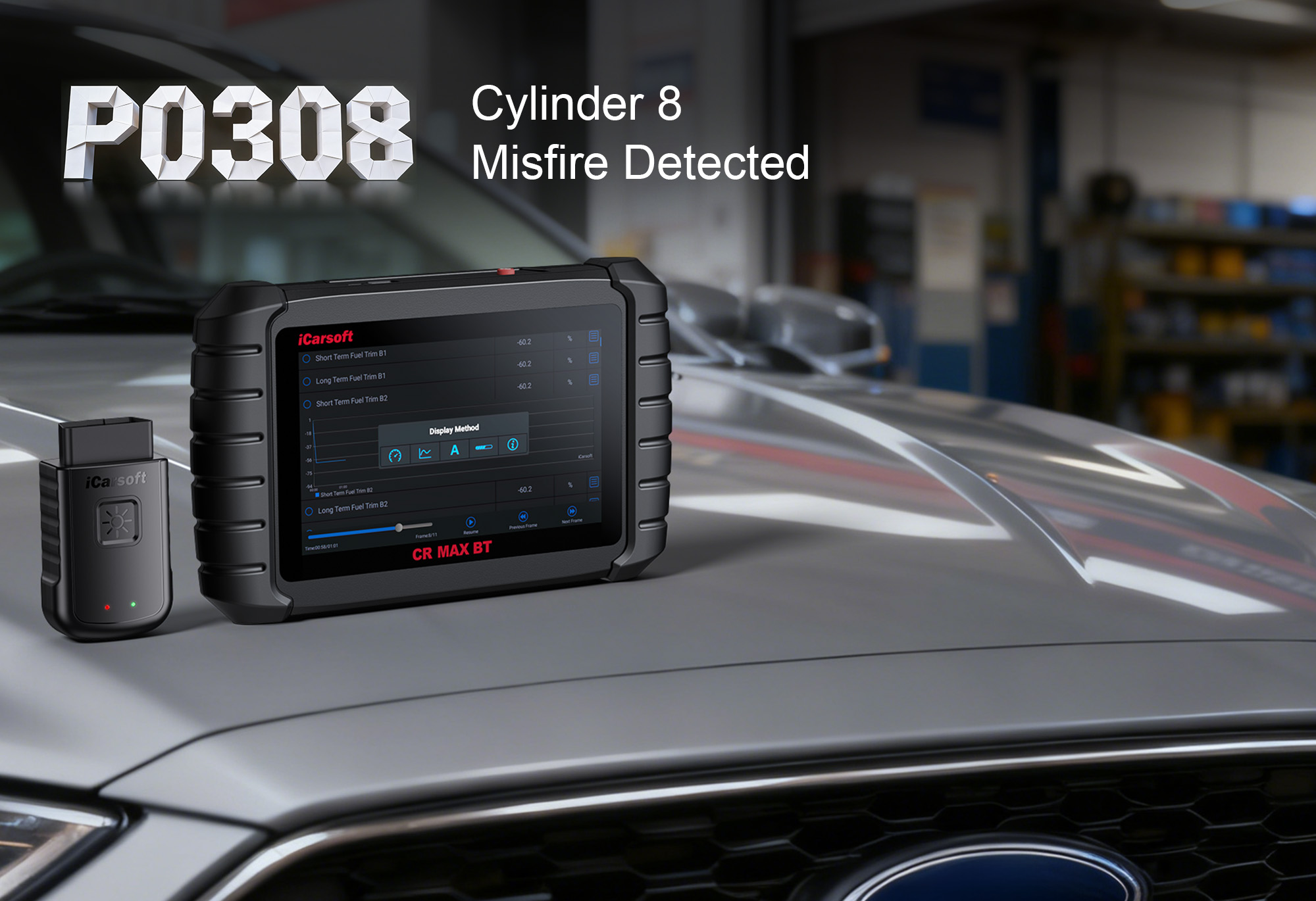 iCarsoft CR MAX BT Diagnosing P0308 Cylinder 8 Misfire Detected on V8 Vehicle