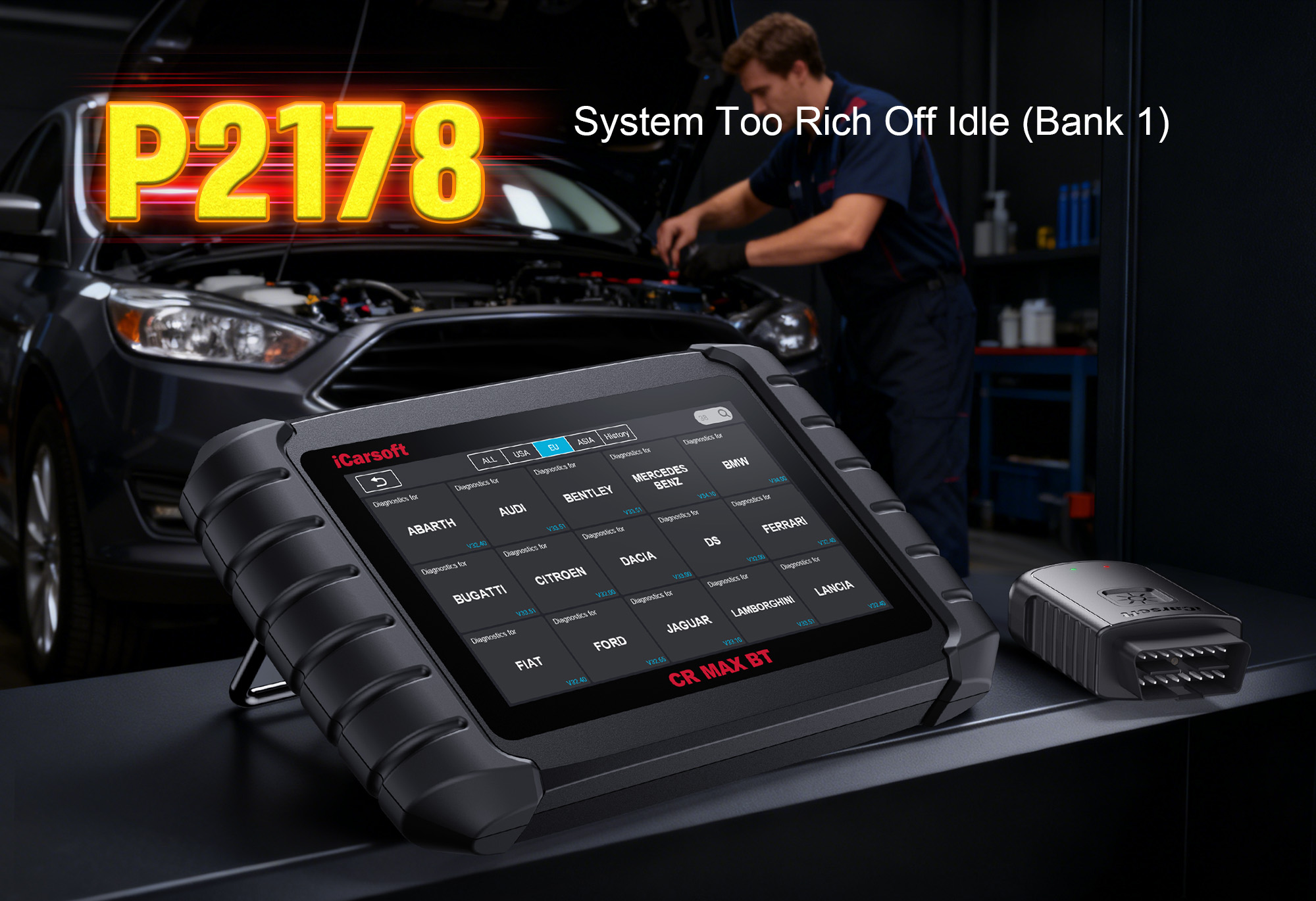 iCarsoft CR MAX BT Testing Air-Fuel Mixture for P2178 System Too Rich (Bank 1)