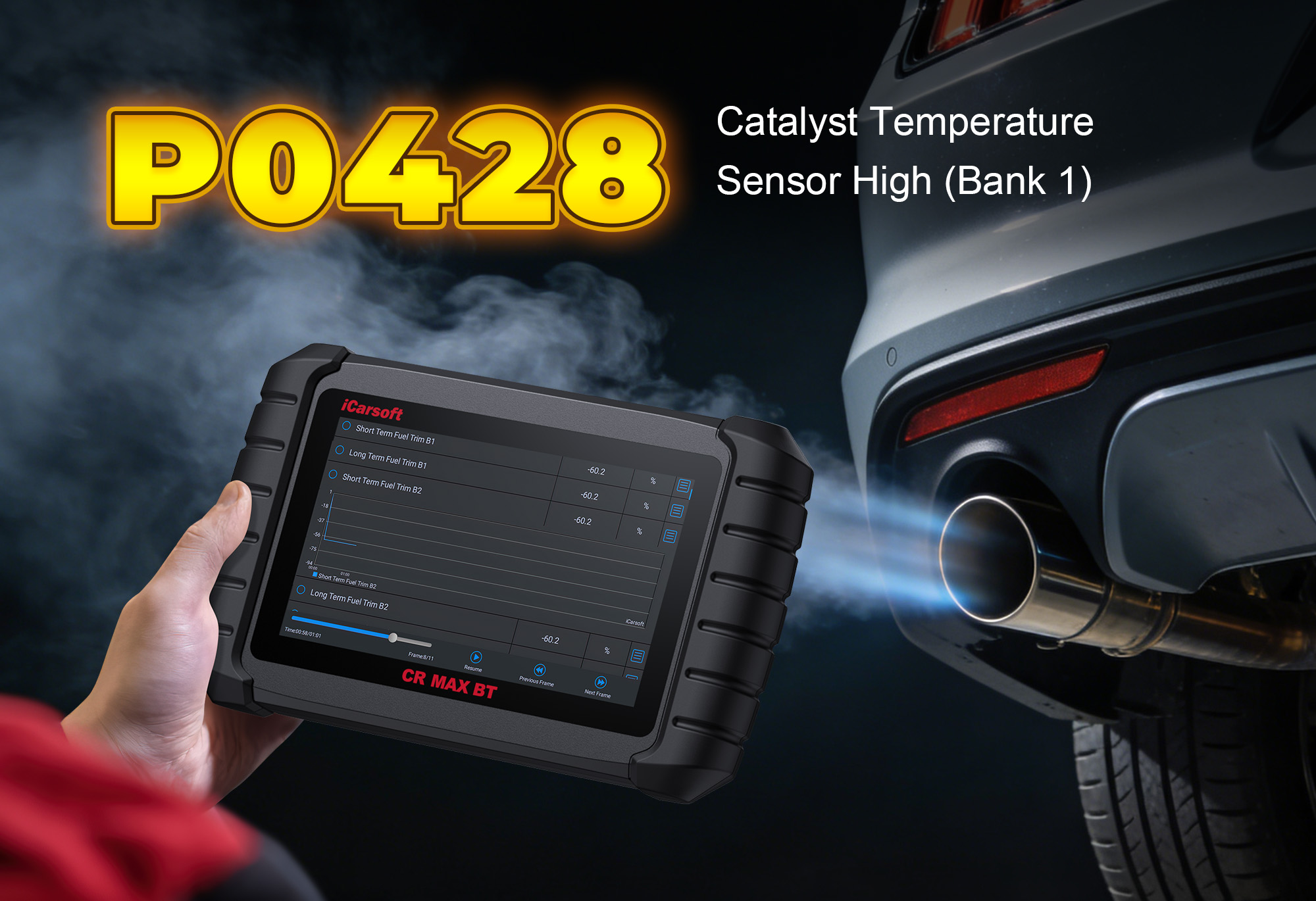 iCarsoft CR MAX BT Testing Catalyst Temperature Sensor for P0428 High Input Fault