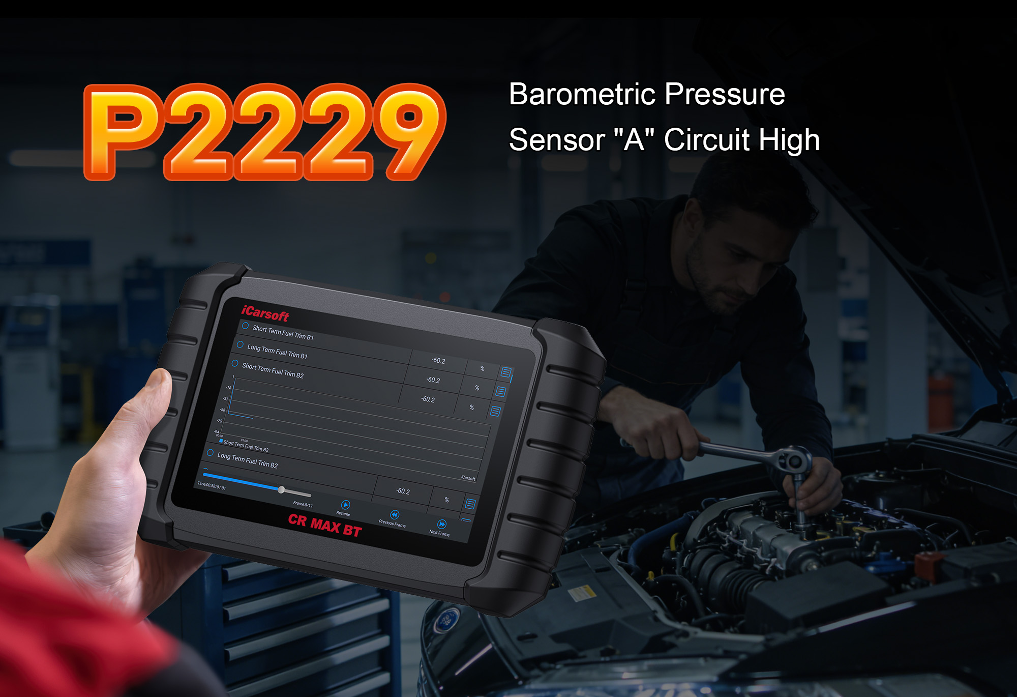 iCarsoft CR MAX BT Diagnosing OBD-II Code P2229 Barometric Pressure Sensor A Circuit High in Gasoline/Diesel/Hybrid Vehicles