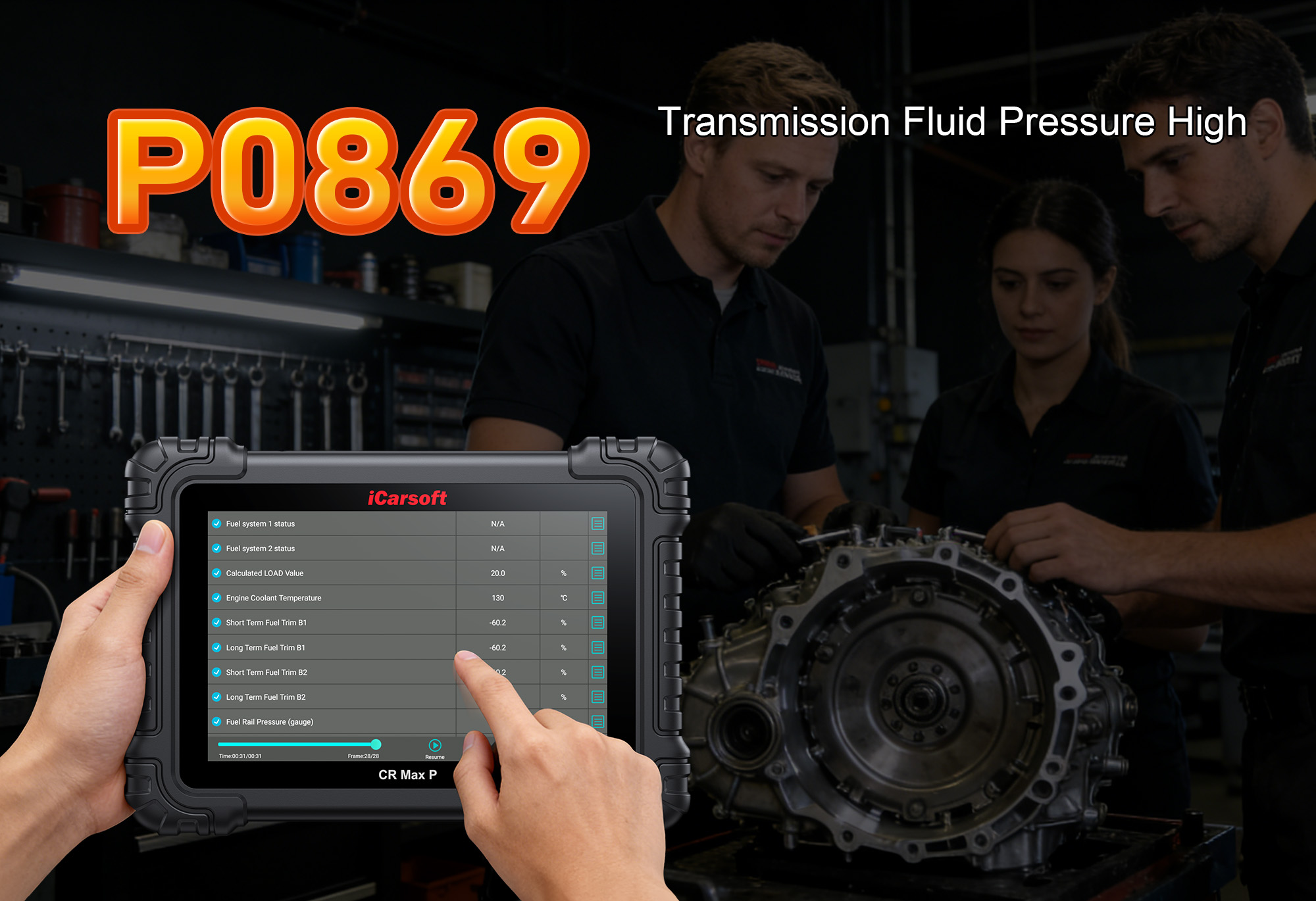 iCarsoft CR Max P Diagnosing P0869 Transmission Fluid Pressure High Fault